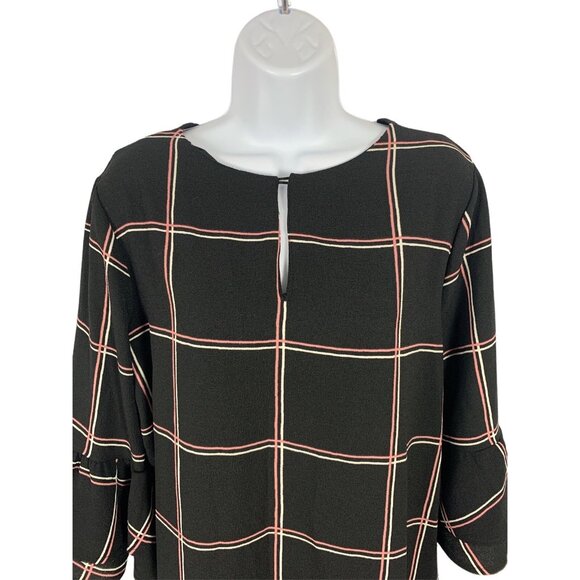 Ces Femme Womens Black & Pink Plaid Bell Sleeve Relaxed Fit Shift Dress Large - Picture 2 of 11
